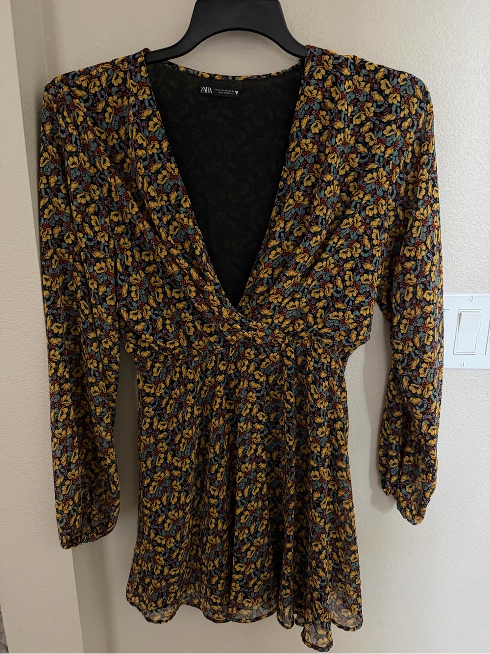 Zara Black Floral V-Neck Long Sleeve Mini Dress with Mustard & Blue Accents